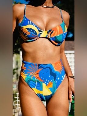 Skatie Vibrant Blue, Orange & Yellow High-Waist Bikini Set